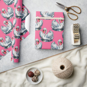 Papier Cadeau Motif de cygnes sur fond rose