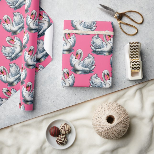Papier Cadeau Motif de cygnes sur fond rose (Artisanat)