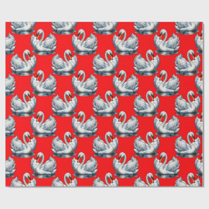 Papier Cadeau Motif de cygnes sur fond rouge