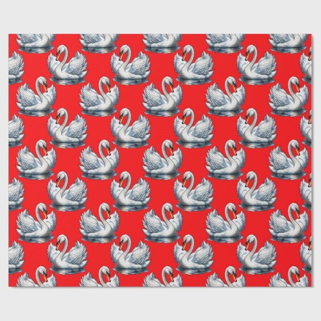 Papier Cadeau Motif de cygnes sur fond rouge (Plat)