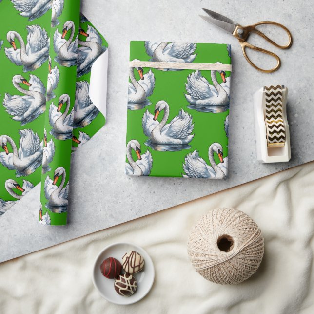 Papier Cadeau Motif de cygnes sur fond vert  (Artisanat)