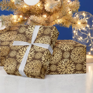 Papier Cadeau Motif de Dahlias Brown et Gold élégant