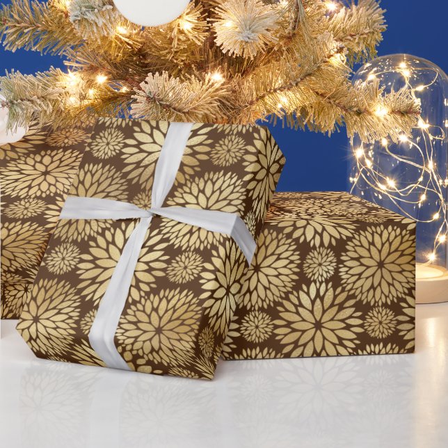 Papier Cadeau Motif de Dahlias Brown et Gold élégant (Vacances)