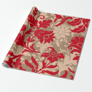 Papier Cadeau Motif de Damas florales rouge et beige