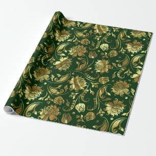 Papier Cadeau Motif de Damas Vert foncé et Or brillant