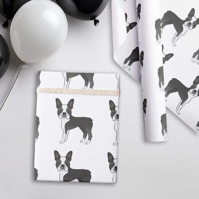 Papier Cadeau Motif de dessin de chien de Boston Terrier noir et (Créateur téléchargé)