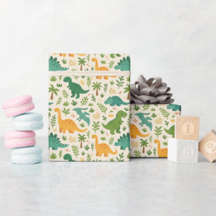 Papier Cadeau Motif de dinosaure préhistorique ludique avec feui