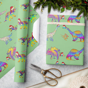 Papier Cadeau Motif de dinosaures de Noël portant des chapeaux d