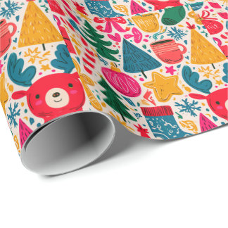 Papier Cadeau Motif de doodle de Noël lumineux et fantaisiste