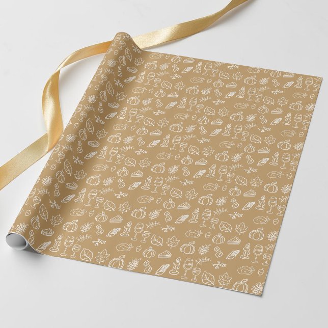 Papier Cadeau Motif de doodle mignon marron moderne d'automne de (Modern Brown Cute Doodle Pattern Fall Thanksgiving Wrapping Paper)