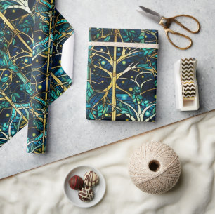 Papier Cadeau Motif de faux vitrail de forêt vert émeraude