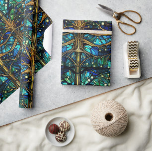 Papier Cadeau Motif de faux vitrail de forêt vert émeraude