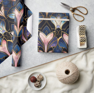 Papier Cadeau Motif de faux vitrail de lotus rose élégant