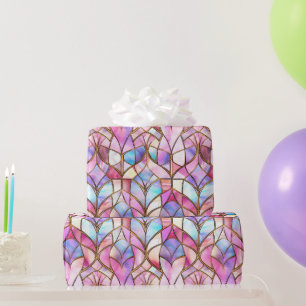 Papier Cadeau Motif de faux vitrail rose iridescent élégant