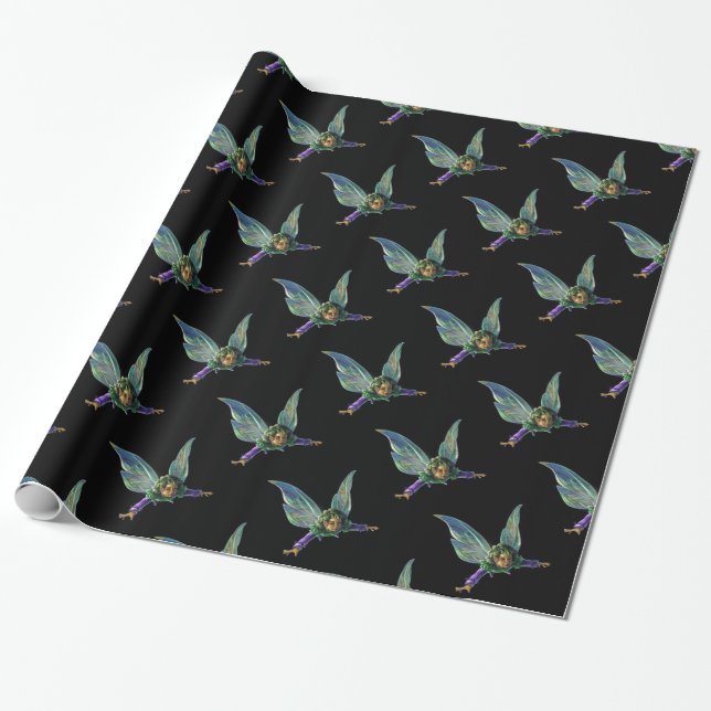 Papier Cadeau Motif de fée fantastique sur fond noir (Déroulé)