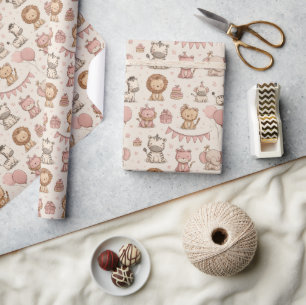 Papier Cadeau Motif de fête animal adorable – Rose & Beige 
