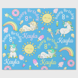 Papier Cadeau Motif de fête Licornes & Arc-en-ciel Nom & Âge