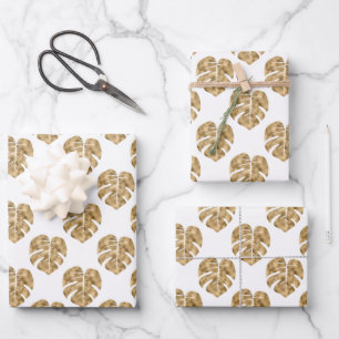 Papier Cadeau Motif de feuille de palme d'or blanc Monstera Deli