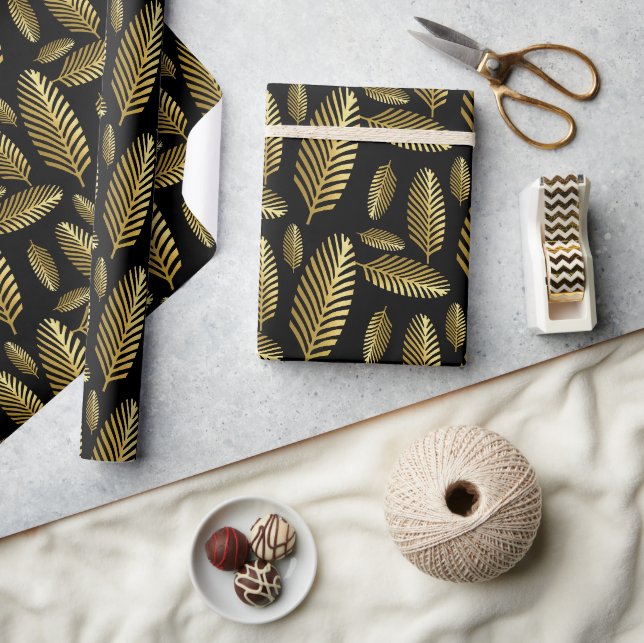 Papier Cadeau Motif de feuille de palmier noir doré (Artisanat)