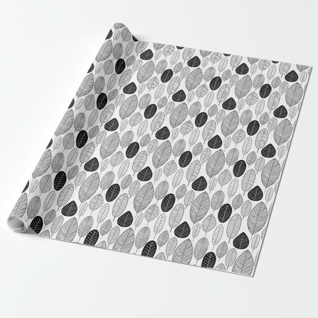 Papier Cadeau Motif de feuille - Noir sur blanc (Déroulé)