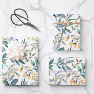 Papier Cadeau Motif de feuille verte et jaune à l'aquarelle fraî
