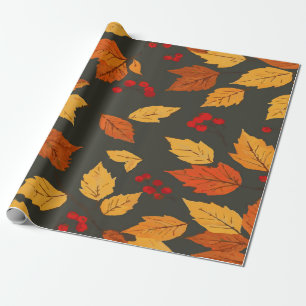 Papier Cadeau Motif de feuilles d'automne chaudes sur fond gris 