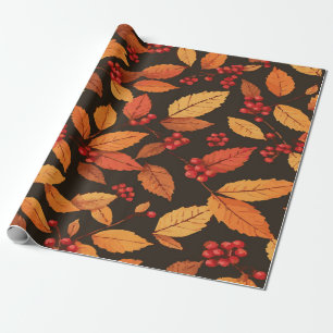 Papier Cadeau Motif de feuilles d'automne rustiques avec des bai