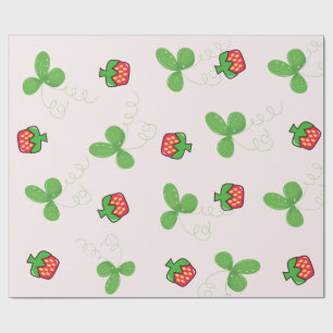 Papier Cadeau Motif de feuilles de trèfle vert et de fraise roug