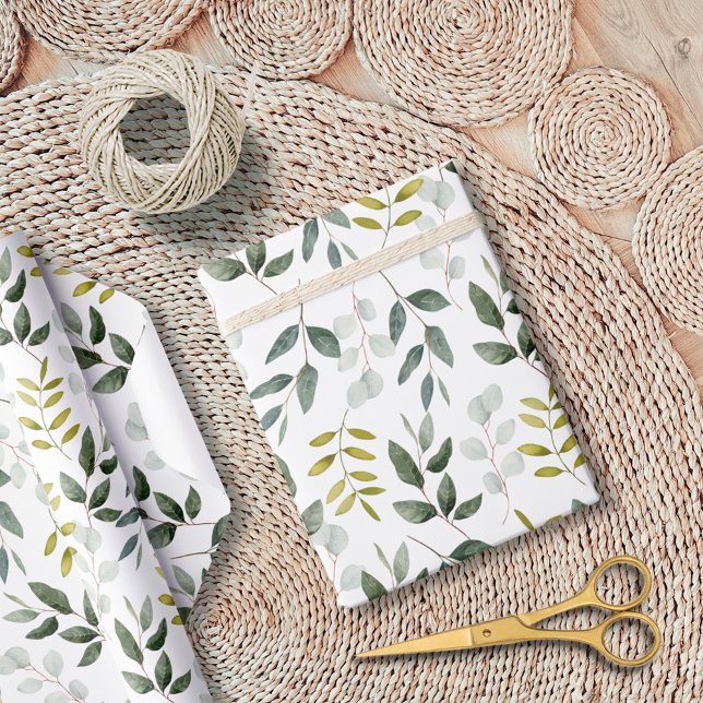 Papier Cadeau Motif de feuilles vertes aquarelle (In situ)
