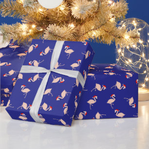 Papier Cadeau Motif de flamants roses Santa mignons sur fond ble