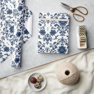 Papier Cadeau Motif de fleur de Damas victorien élégant Bleu mar