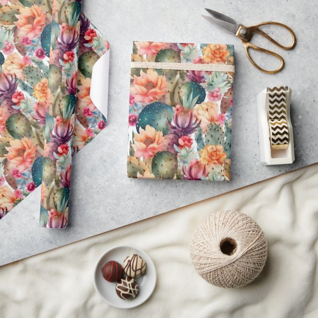 Papier Cadeau Motif de fleur de désert de cactus d'aquarelle suc (Artisanat)
