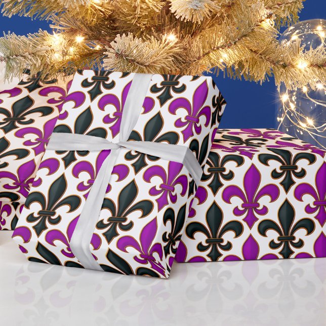 Papier Cadeau Motif de fleur de lis baroque noir violet  (Créateur téléchargé)