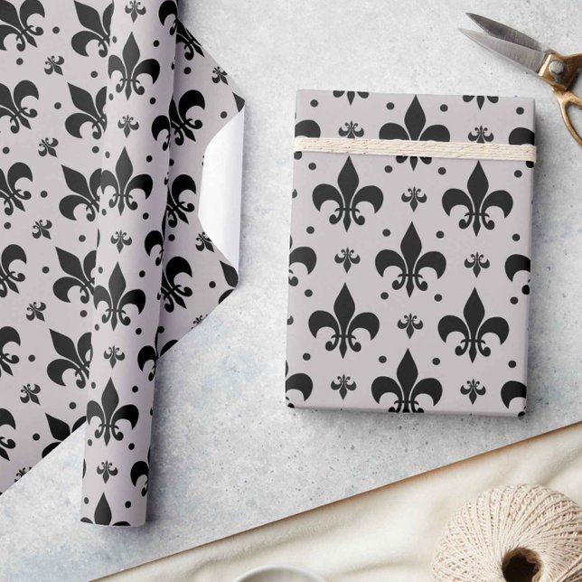 Papier Cadeau Motif de fleur de lis gris et noir (Créateur téléchargé)