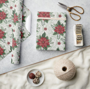 Papier Cadeau Motif de fleur de Noël toile rouge vert joli