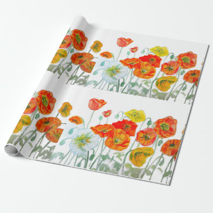 Papier Cadeau Motif de fleur de pavot rouge orange aquarelle mar