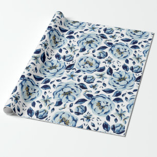 Papier Cadeau Motif de fleur de pivoine bleue à l'aquarelle
