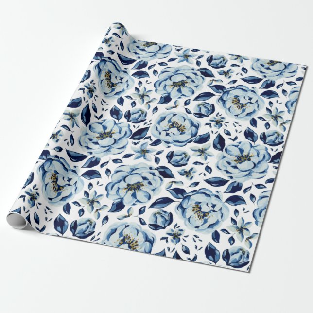 Papier Cadeau Motif de fleur de pivoine bleue à l'aquarelle (Déroulé)
