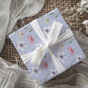 Papier Cadeau Motif de fleur sauvage à l'aquarelle bleu bohème 