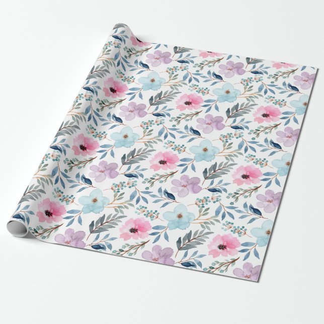 Papier Cadeau Motif de fleurs aquarelles bleu pastel d'été  (Déroulé)