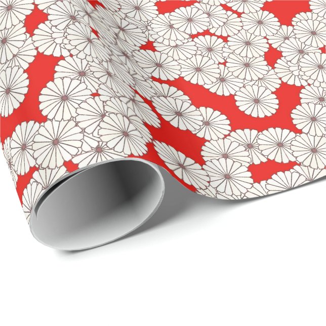 Papier Cadeau Motif de fleurs Art Déco - blanc sur rouge (Coin rond)