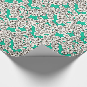 Papier Cadeau Motif de fleurs Art déco - blanc sur turquoise