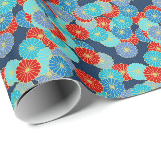 Papier Cadeau Motif de fleurs Art Déco - bleu, turquoise et roug