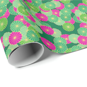 Papier Cadeau Motif de fleurs Art Déco - tons verts, fuchsia