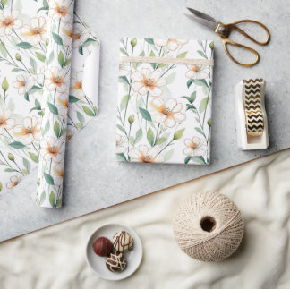 Papier Cadeau Motif de fleurs blanches aérées Floral de printemp