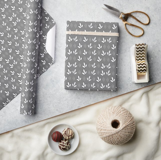 Papier Cadeau Motif de fleurs blanches aquarelle gris (Artisanat)