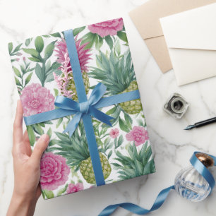 Papier Cadeau Motif de fleurs d'ananas à l'aquarelle rose et ver