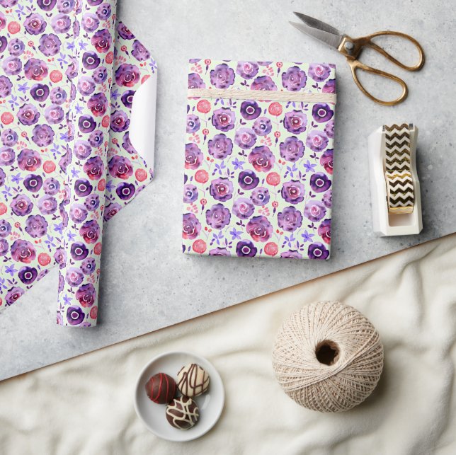 Papier Cadeau Motif de fleurs d'aquarelle violet (Artisanat)