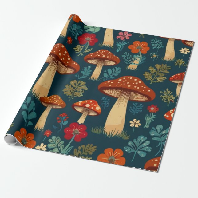 Papier Cadeau Motif de fleurs de champignons Super rétro (Déroulé)