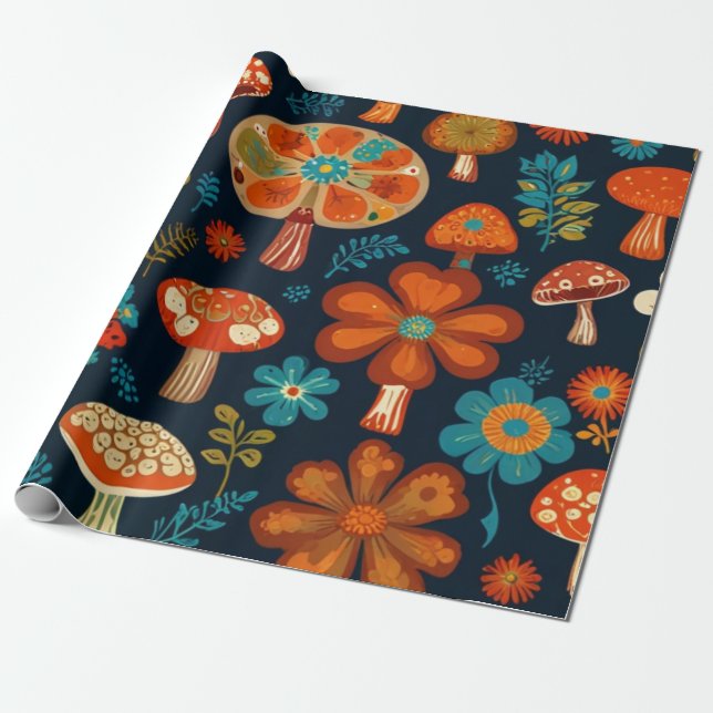 Papier Cadeau Motif de fleurs de champignons Super rétro (Déroulé)